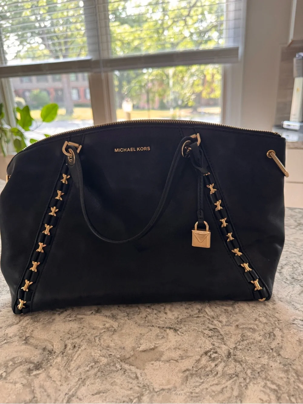 Michael Kors Black Tote with Gold Hardware and Braided Side Detail